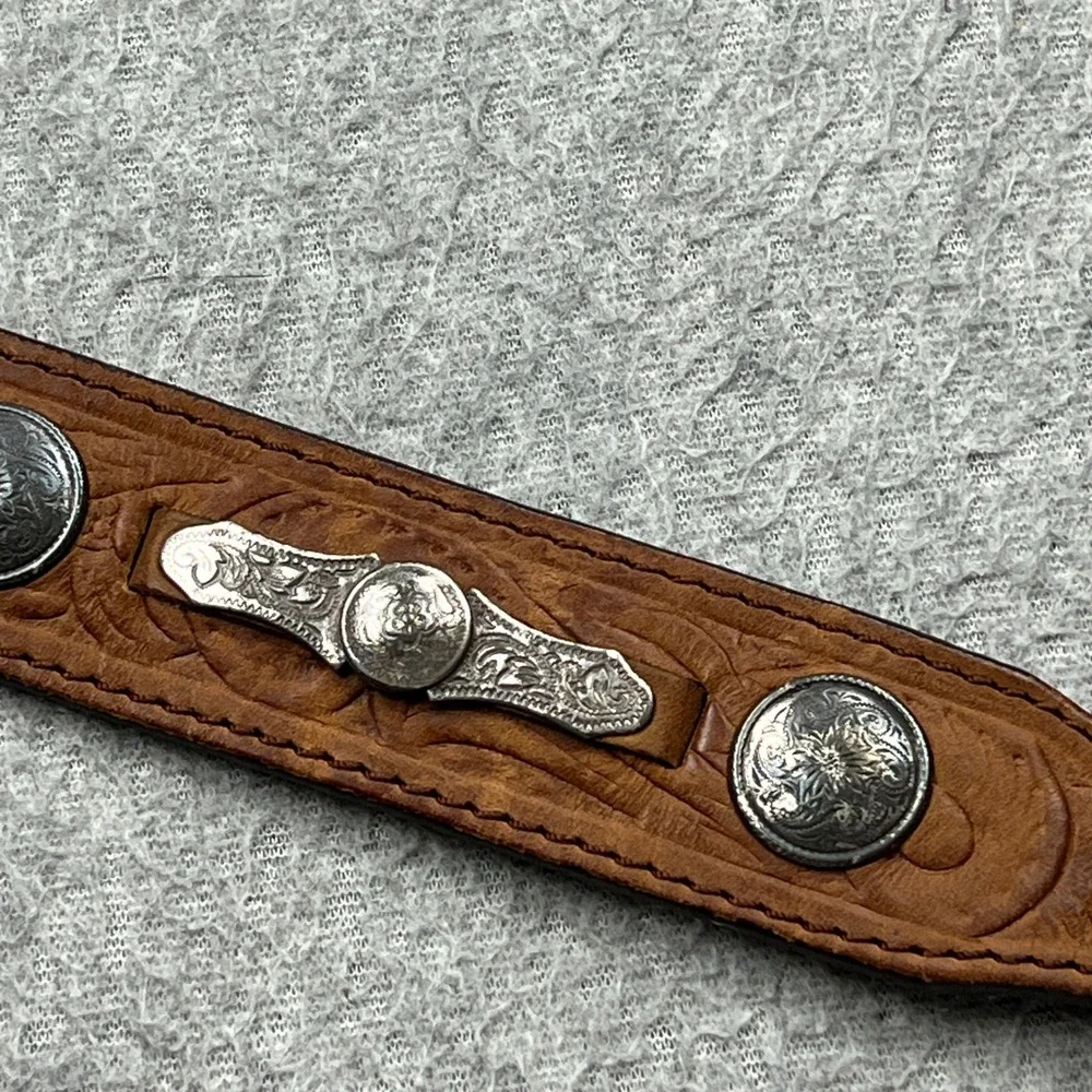 California Billy Belt Mens 34 Brown Leather Concho Western Engraved Buckle 1993